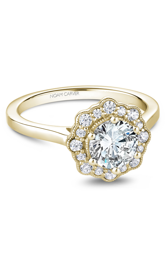 18K Yellow Gold Floral Halo Round Engagement Ring