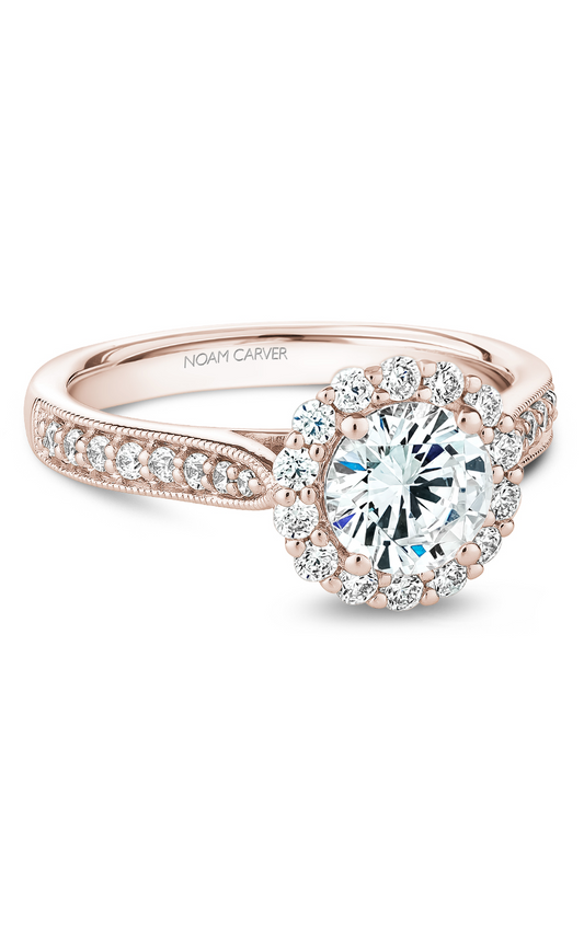 18K Rose Gold Floral Halo Round Engagement Ring