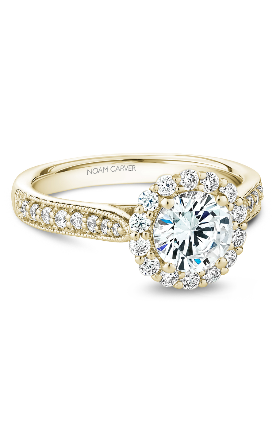 18K Yellow Gold Floral Halo Round Engagement Ring