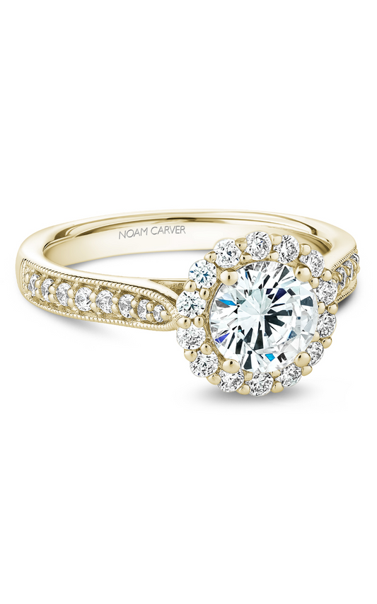 18K Yellow Gold Floral Halo Round Engagement Ring