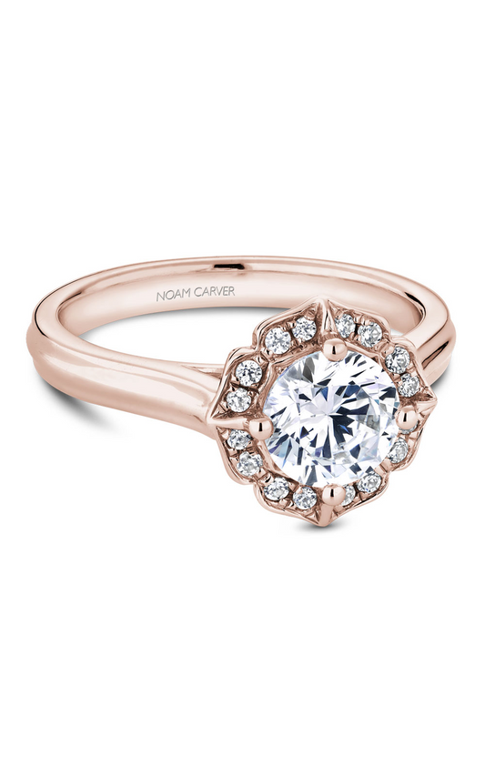 14K Rose Gold Floral Halo Round Engagement Ring
