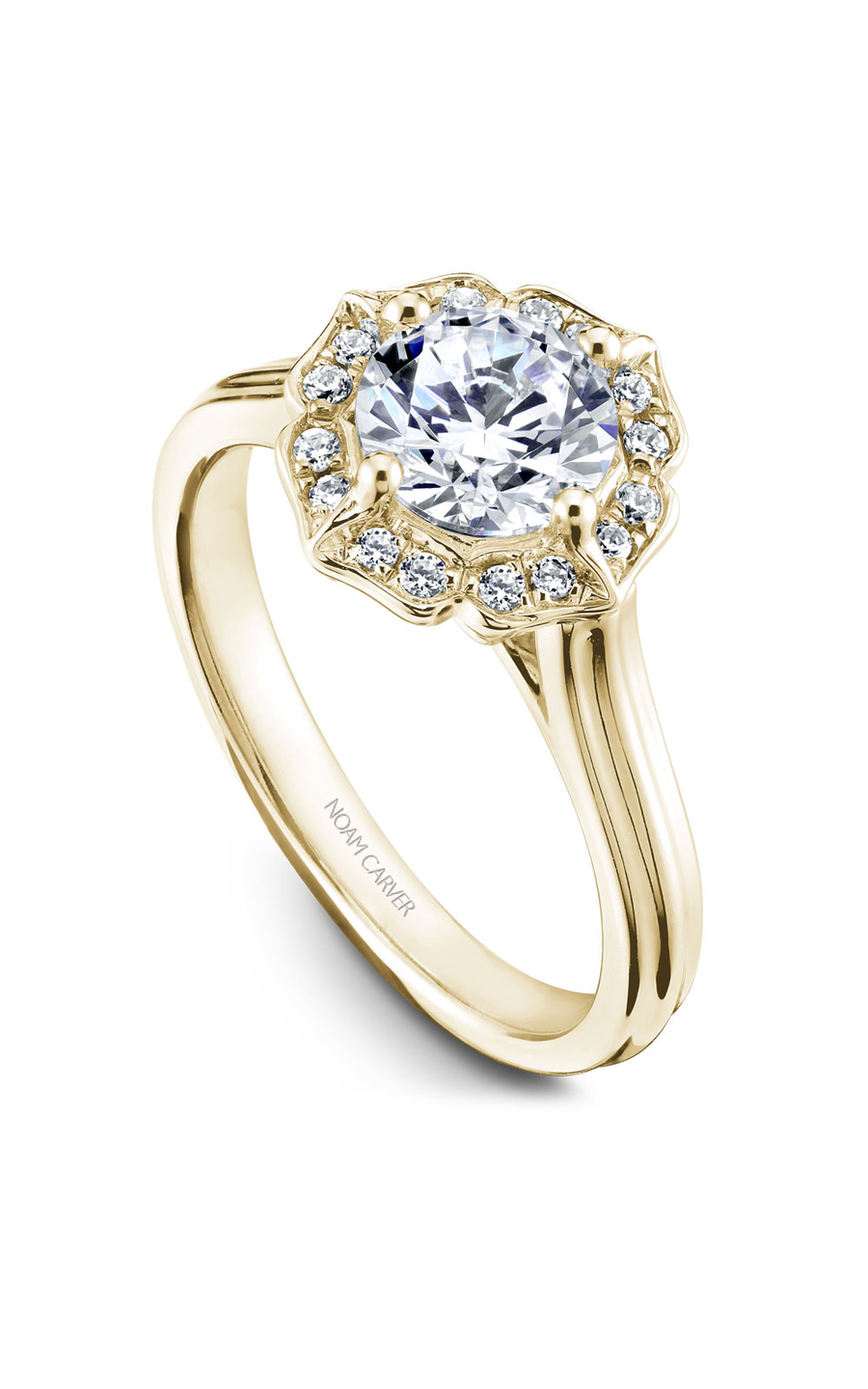 14K Yellow Gold Floral Halo Round Engagement Ring