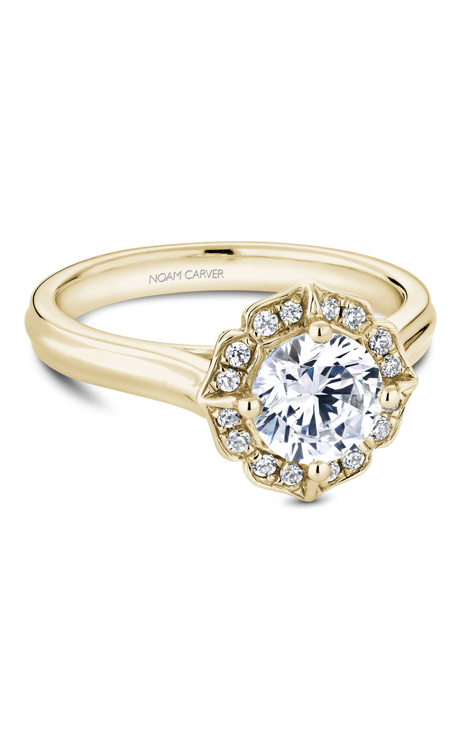 18K Yellow Gold Floral Halo Round Engagement Ring