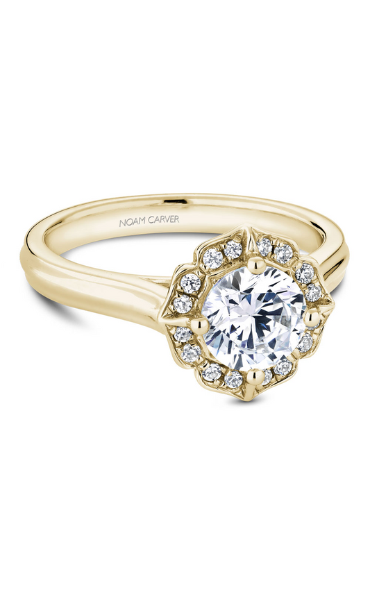 18K Yellow Gold Floral Halo Round Engagement Ring