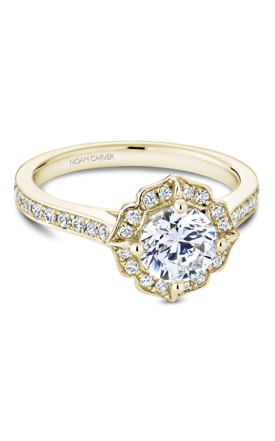 18K Yellow Gold Floral Halo Round Engagement Ring