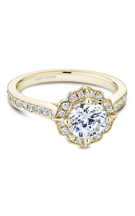 18K Yellow Gold Floral Halo Round Engagement Ring