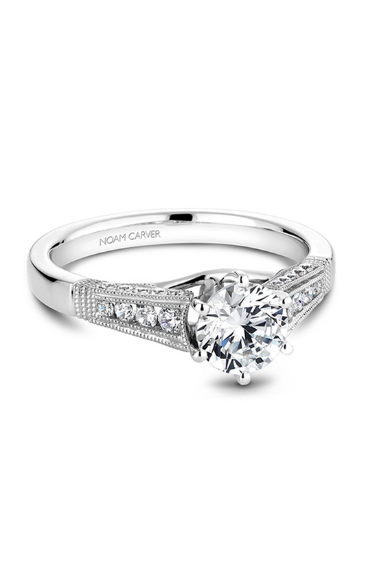 14K White Gold Vintage Sidestone Round Engagement Ring