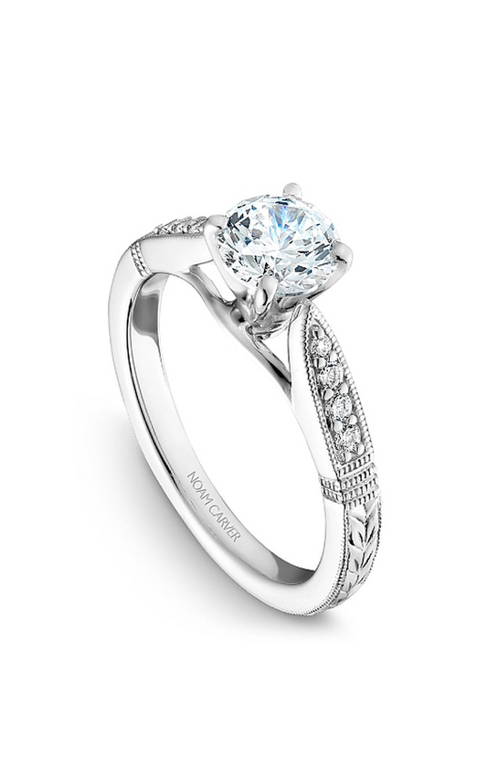 14K White Gold Vintage Sidestone Round Engagement Ring
