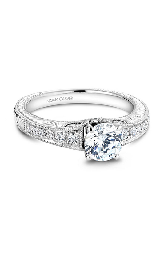 18K White Gold Vintage Sidestone Round Engagement Ring