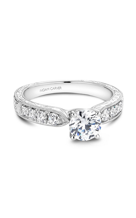 18K White Gold Vintage Sidestone Round Engagement Ring