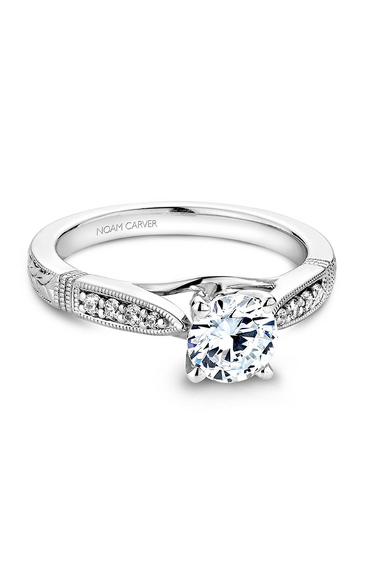 18K White Gold Vintage Sidestone Round Engagement Ring