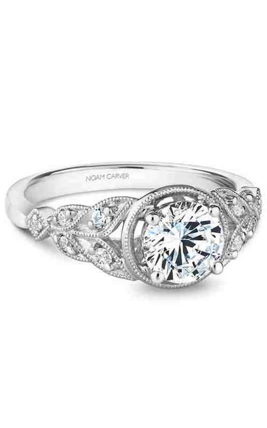18K White Gold Vintage Sidestone Round Engagement Ring