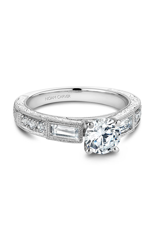 18K White Gold Vintage Sidestone Round Engagement Ring