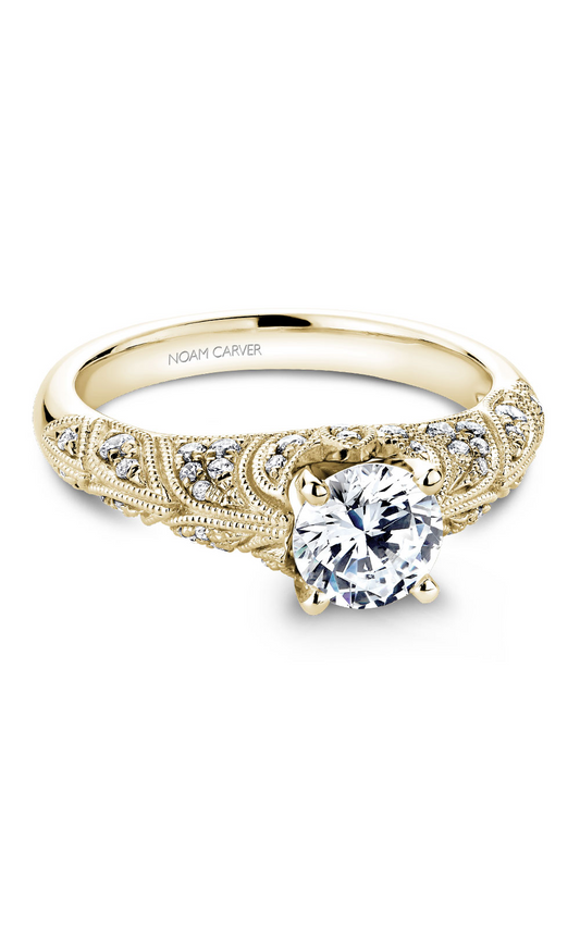 18K Yellow Gold Vintage Sidestone Round Engagement Ring