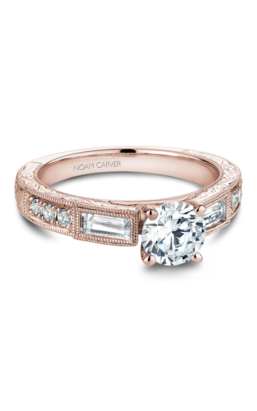 18K Rose Gold Vintage Sidestone Round Engagement Ring
