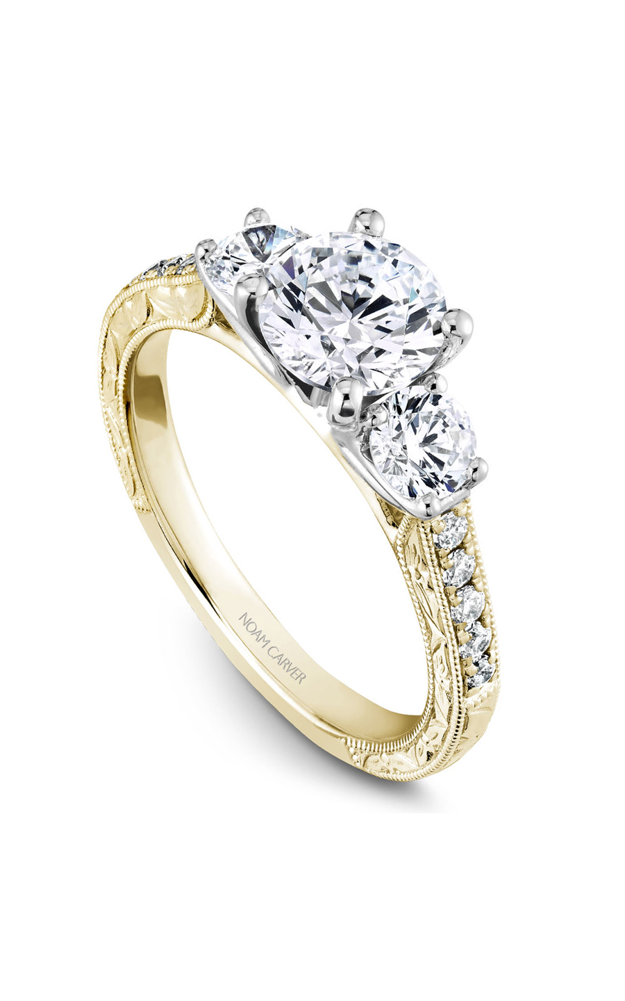 14K White Gold and 14K Yellow Gold 3 Stone Three Stone Round Engagement Ring
