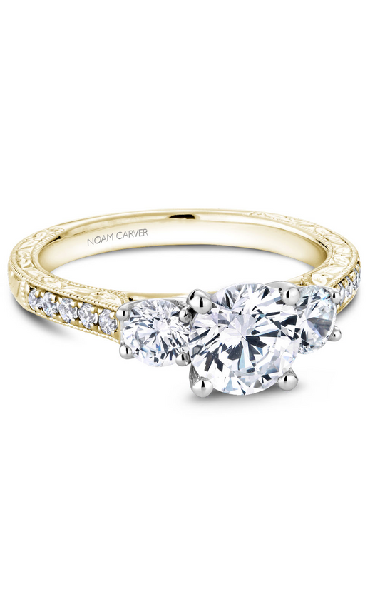 18K White Gold and 18K Yellow Gold 3 Stone Three Stone Round Engagement Ring