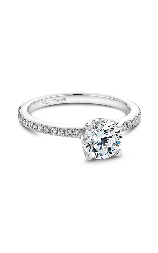 14K White Gold Solitaire Sidestone Round Engagement Ring