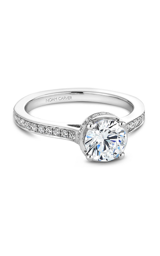 14K White Gold Solitaire Sidestone Round Engagement Ring