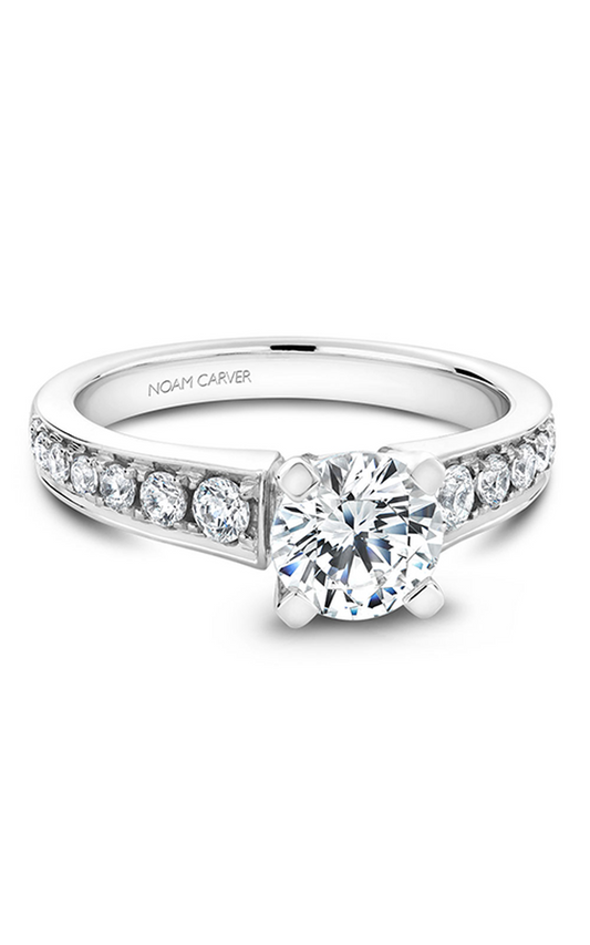 14K White Gold Solitaire Sidestone Round Engagement Ring