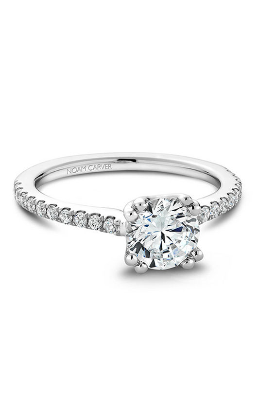18K White Gold Solitaire Sidestone Round Engagement Ring