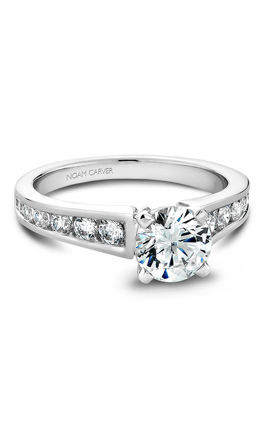 18K White Gold Solitaire Sidestone Round Engagement Ring