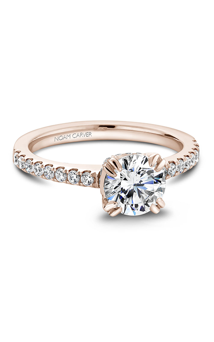 18K Rose Gold Solitaire Sidestone Round Engagement Ring