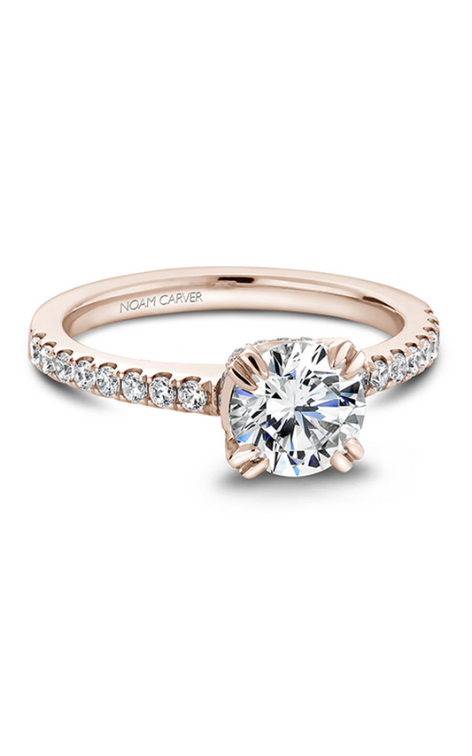 18K Rose Gold Solitaire Sidestone Round Engagement Ring