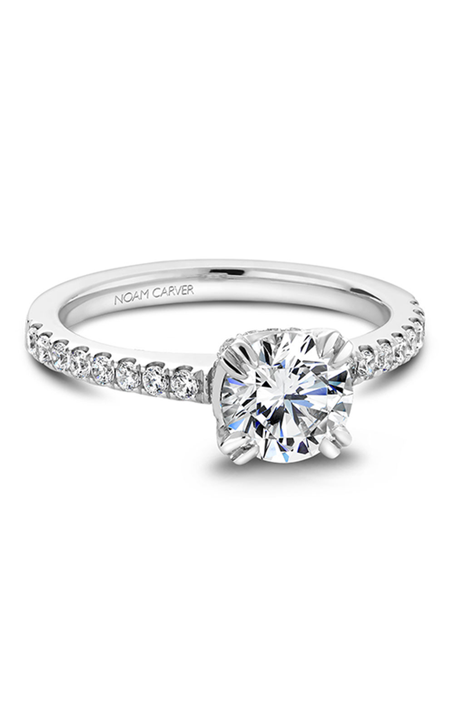 18K White Gold Solitaire Sidestone Round Engagement Ring