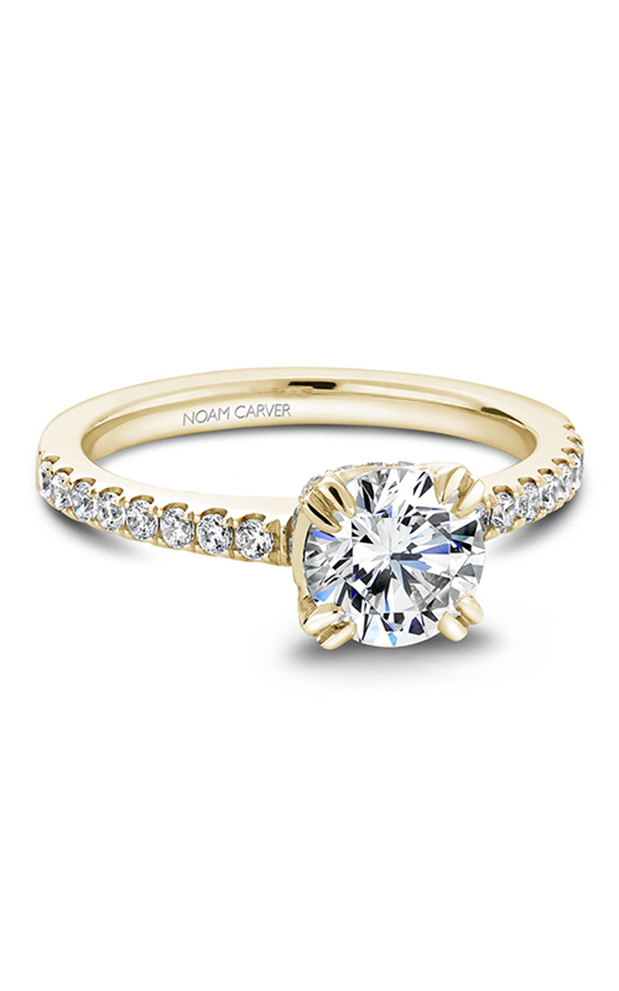 18K Yellow Gold Solitaire Sidestone Round Engagement Ring