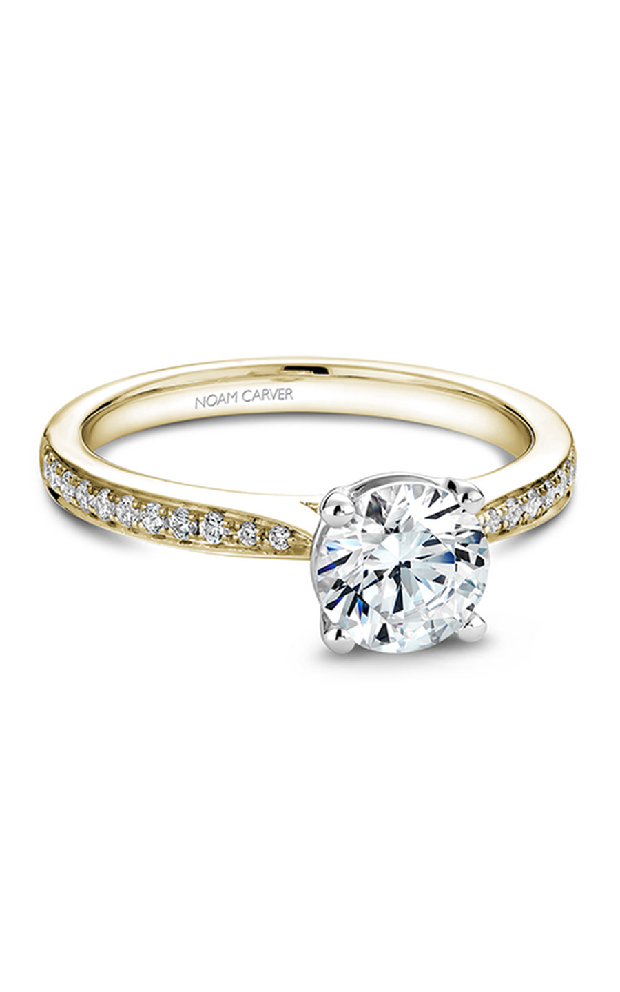 18K White Gold and 18K Yellow Gold Solitaire Sidestone Round Engagement Ring
