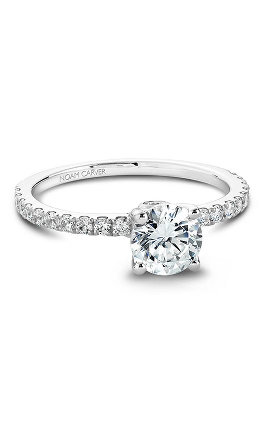 18K White Gold Solitaire Sidestone Round Engagement Ring