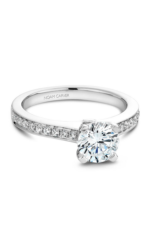18K White Gold Solitaire Sidestone Round Engagement Ring
