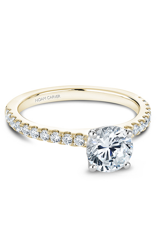 18K White Gold and 18K Yellow Gold Solitaire Sidestone Round Engagement Ring