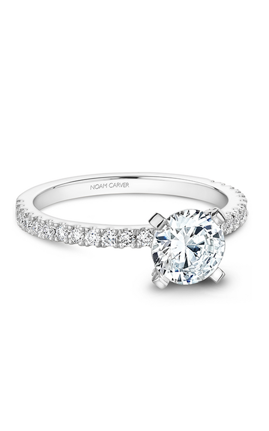 14K White Gold Solitaire Sidestone Round Engagement Ring