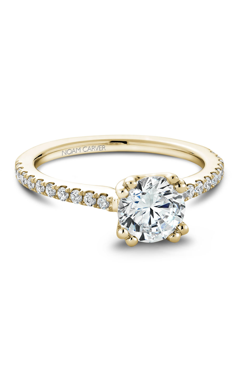18K Yellow Gold Solitaire Sidestone Round Engagement Ring