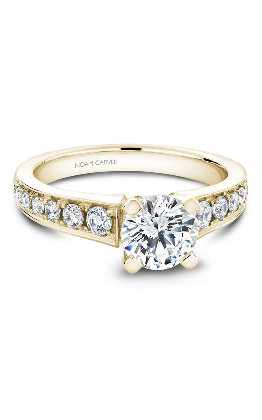 18K Yellow Gold Solitaire Sidestone Round Engagement Ring