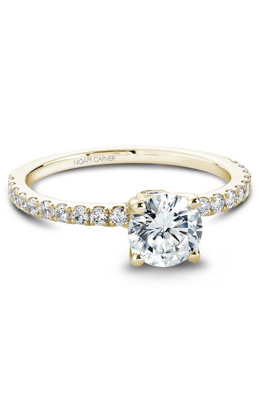 18K Yellow Gold Solitaire Sidestone Round Engagement Ring