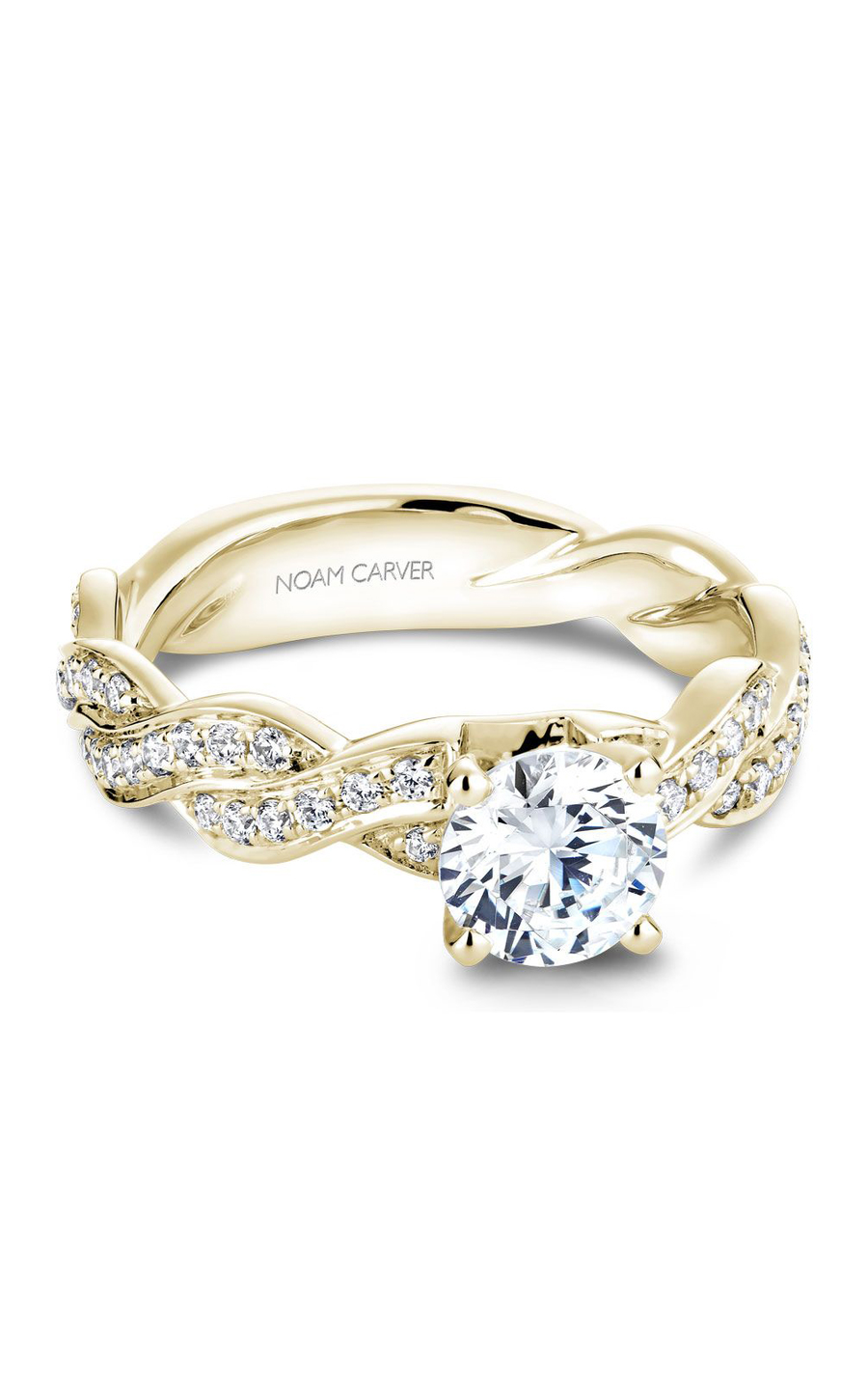18K Yellow Gold Twist Band Sidestone Round Engagement Ring