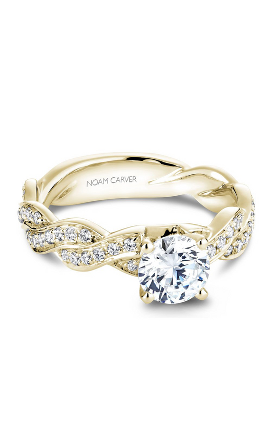 18K Yellow Gold Twist Band Sidestone Round Engagement Ring