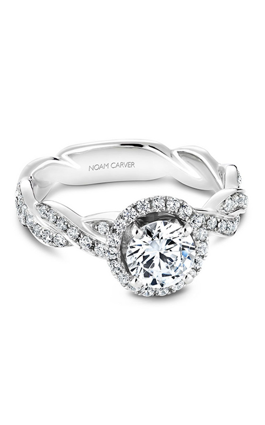 18K White Gold Twist Band Halo Round Engagement Ring