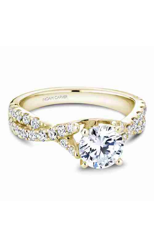 18K Yellow Gold Twist Band Sidestone Round Engagement Ring