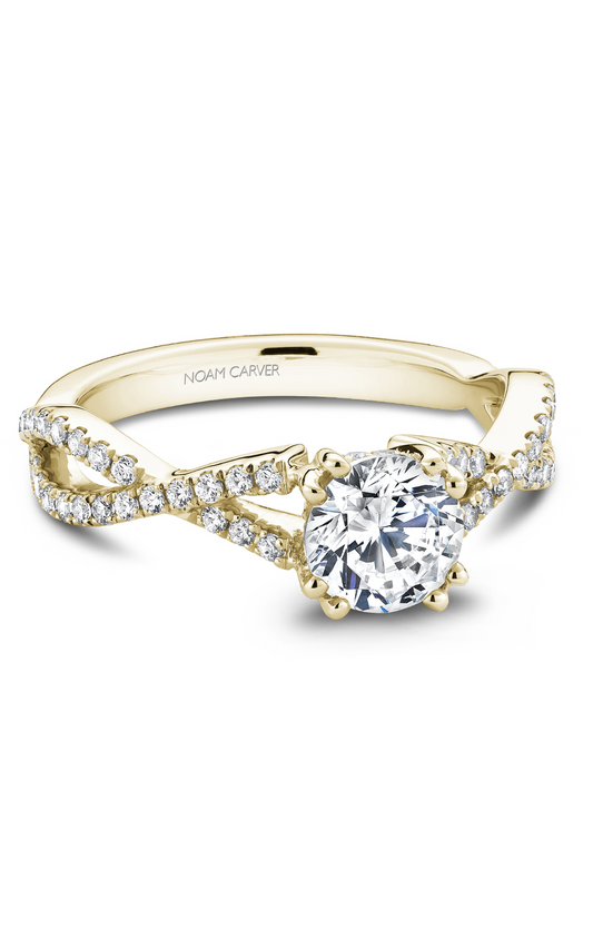 18K Yellow Gold Twist Band Sidestone Round Engagement Ring