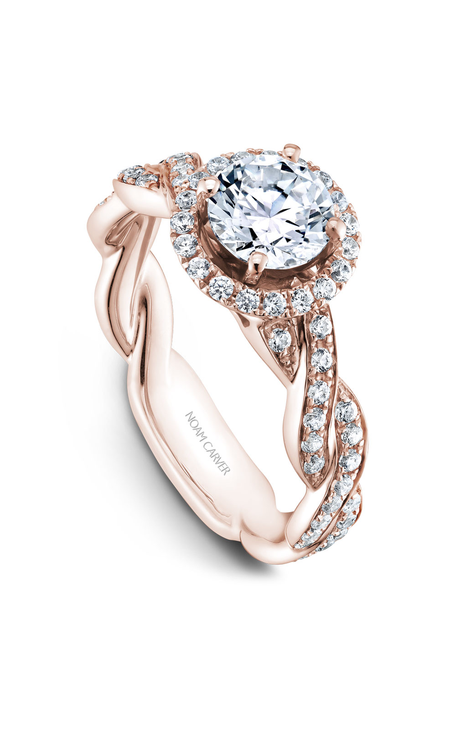 14K Rose Gold Twist Band Halo Round Engagement Ring