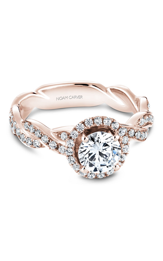 18K Rose Gold Twist Band Halo Round Engagement Ring