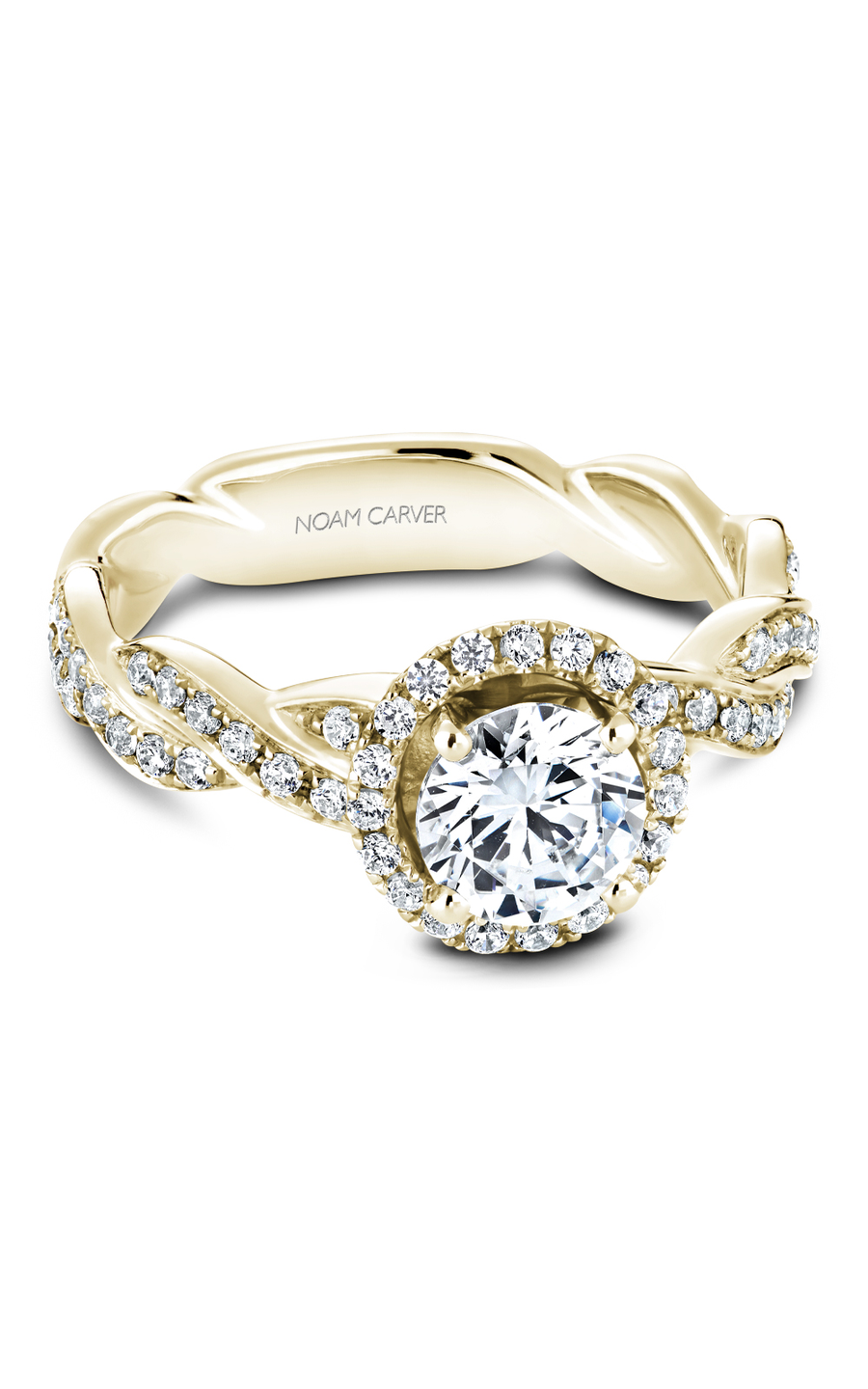 18K Yellow Gold Twist Band Halo Round Engagement Ring
