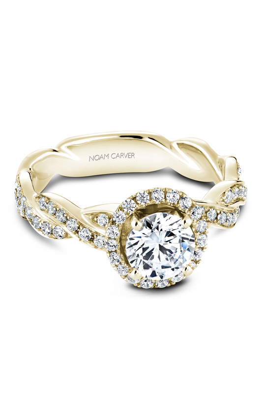 18K Yellow Gold Twist Band Halo Round Engagement Ring