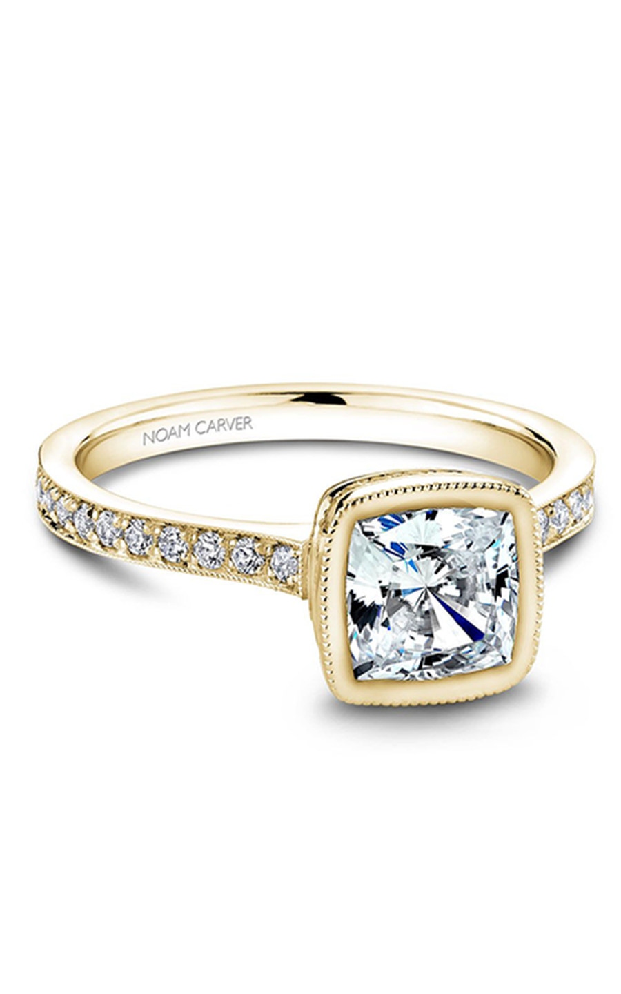 18K Yellow Gold Bezel Sidestone Cushion Engagement Ring