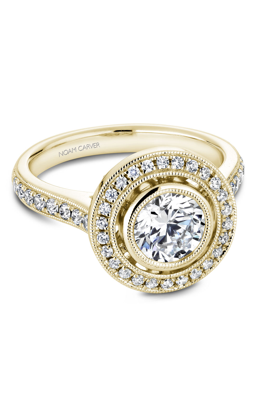 14K Yellow Gold Bezel Halo Round Engagement Ring