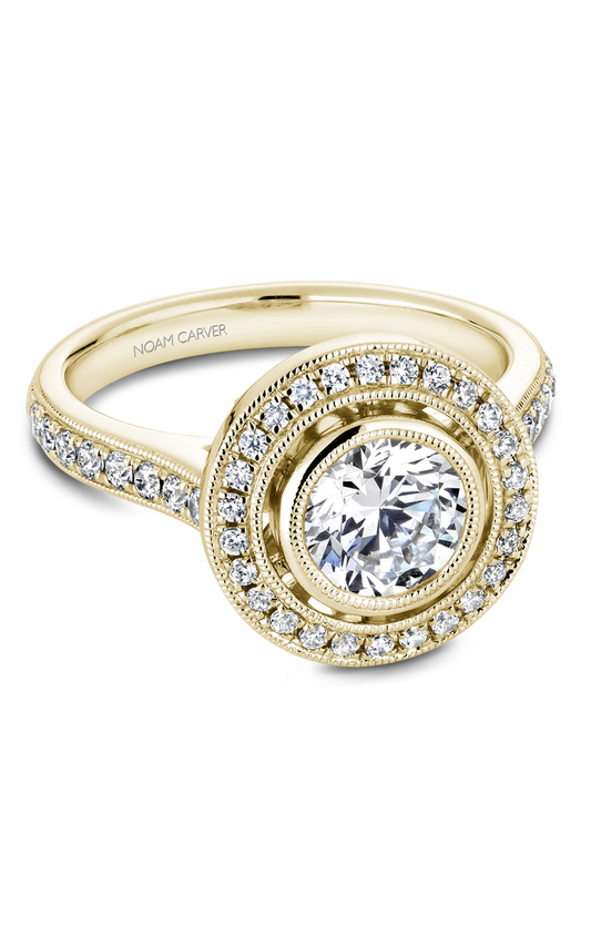 14K Yellow Gold Bezel Halo Round Engagement Ring